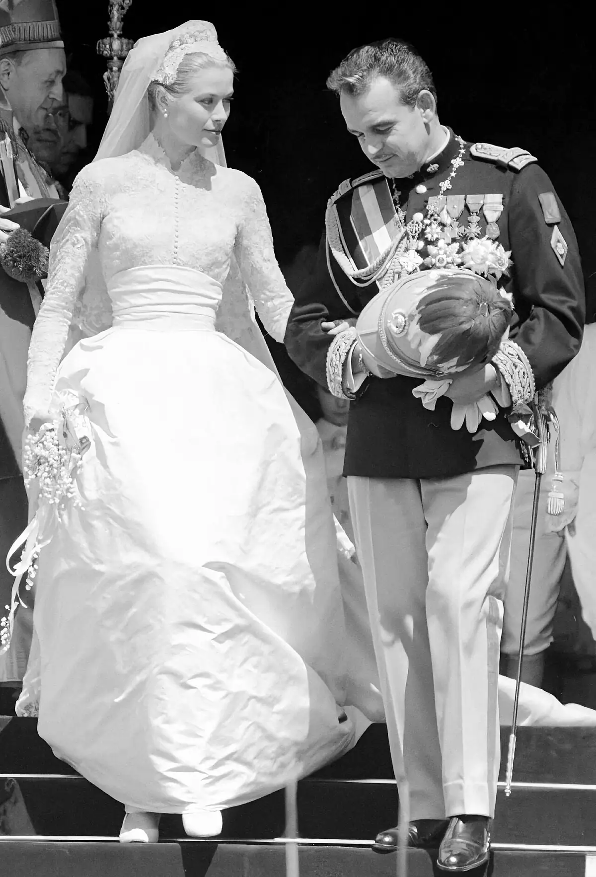 Grace Kelly and Prince Rainier III on their wedding day in Monaco, April 1956.