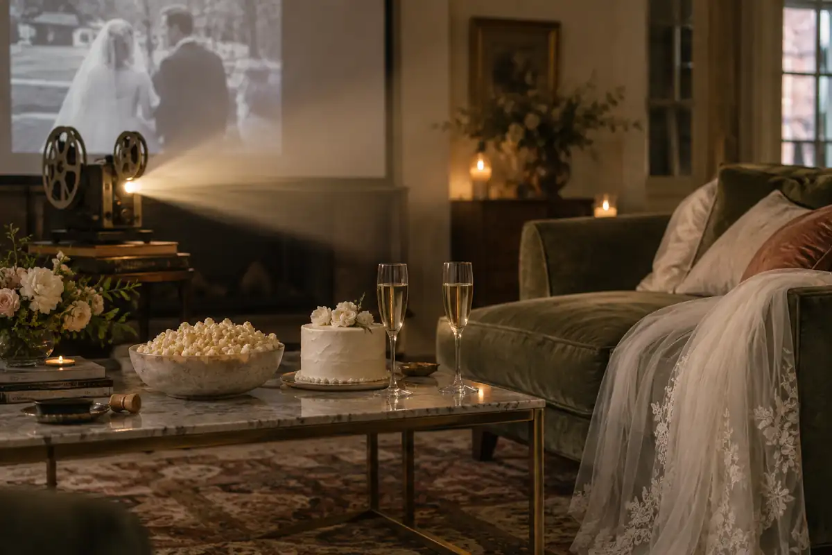 Una acogedora noche de cine en casa: un proyector antiguo que proyecta un haz de luz cálida, un tazón de palomitas junto a un pequeño bizcocho de boda blanco y dos copas de champán sobre una mesa de centro, y un velo de novia sobre el brazo del sofá