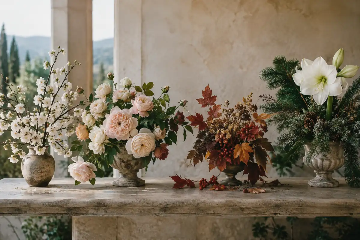 Flores de primavera, rosas de verano, hojas de otoño y ramas de pino de invierno dispuestas en fila sobre una mesa de piedra