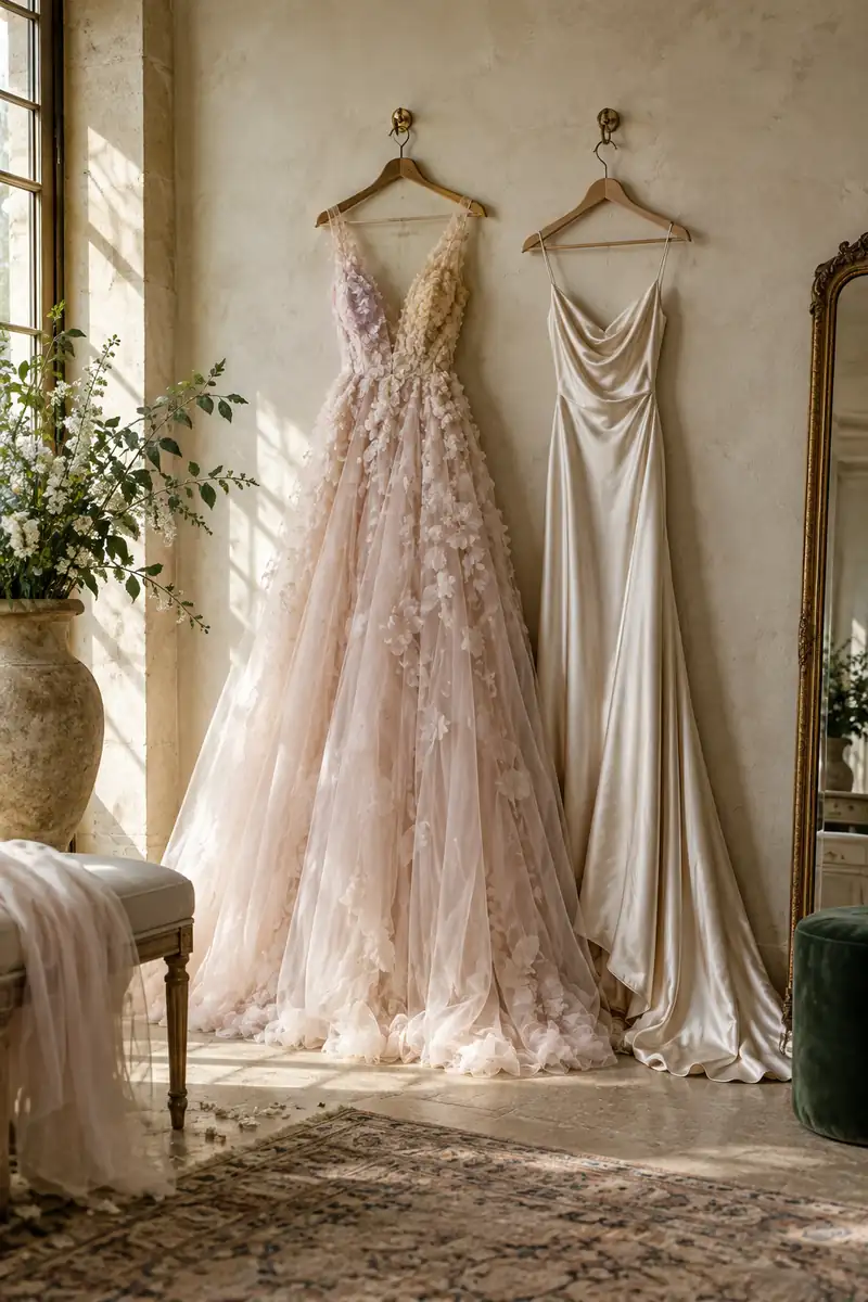 Un vestido de novia de tul rosa empolvado y un vestido de seda champán colgados uno junto al otro contra una pared de yeso clara, con luz de la mañana