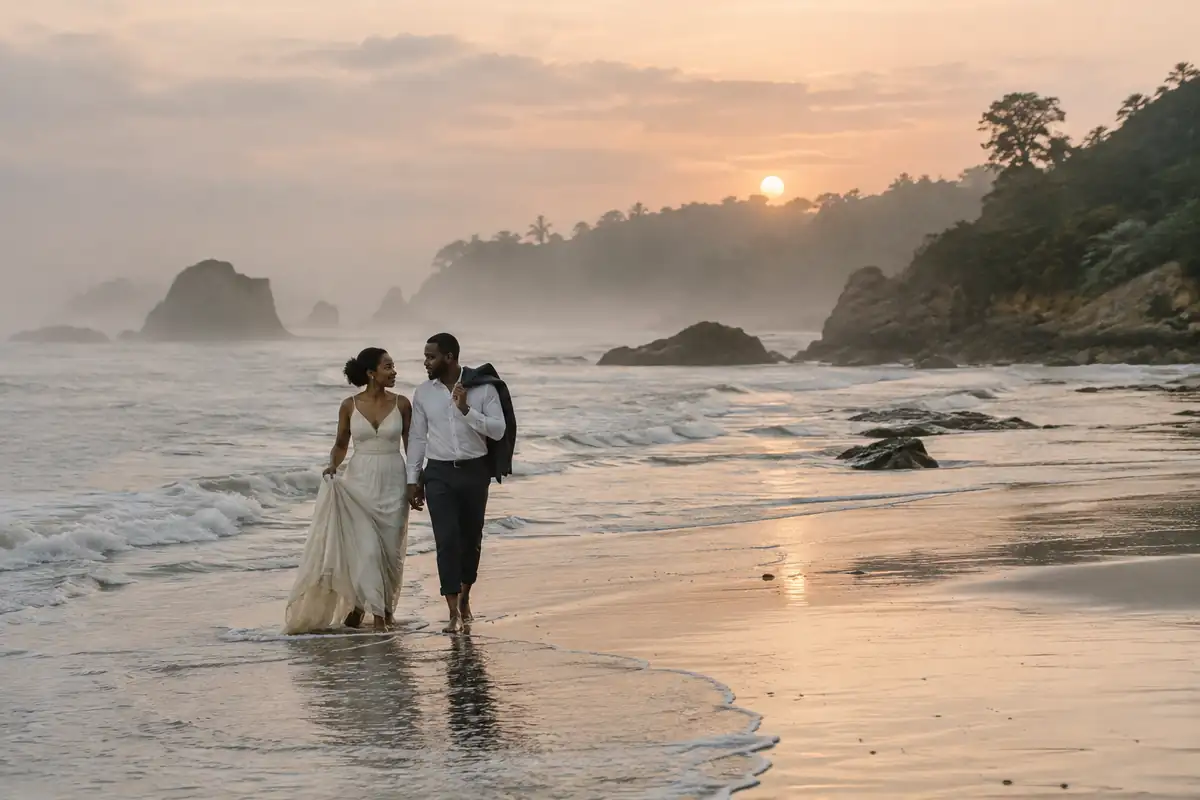 Una pareja de recién casados camina descalza por la orilla del mar al amanecer, todavía con su ropa de boda