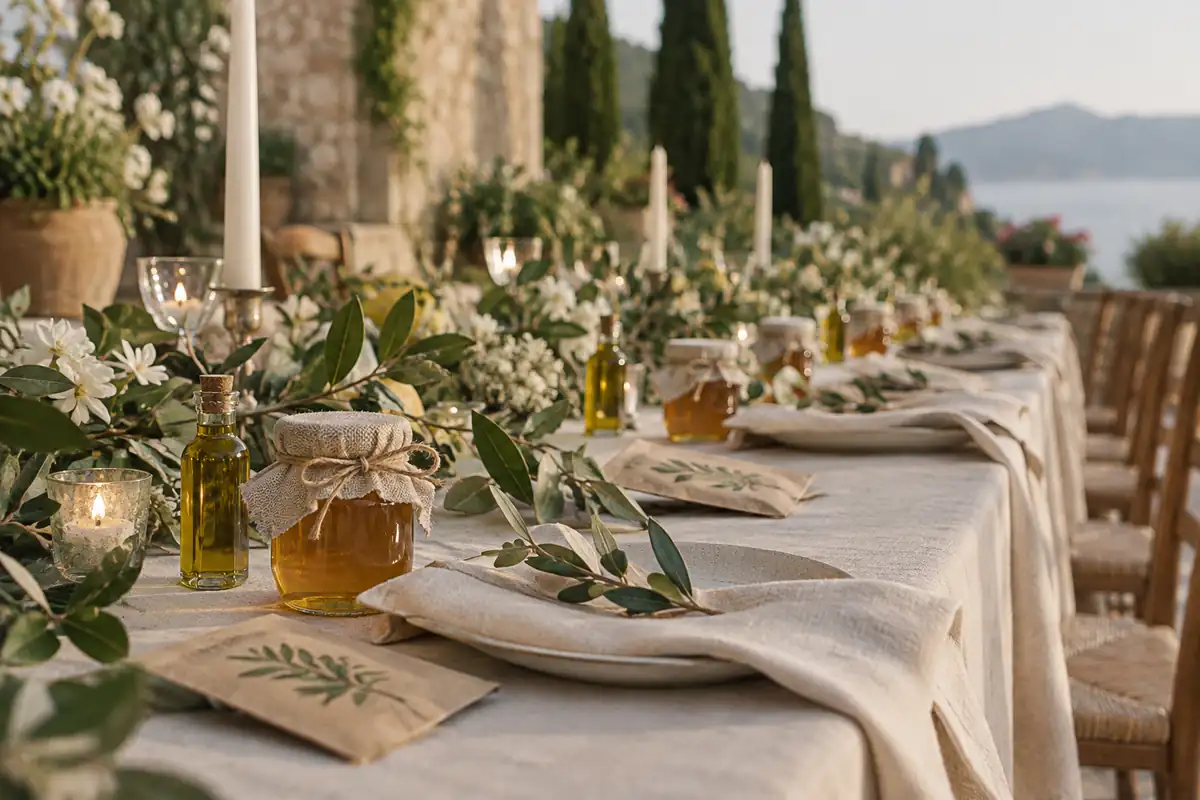 Frascos de miel local con tapas de lino, botellitas de aceite de oliva y sobres de semillas alineados sobre una mesa de boda