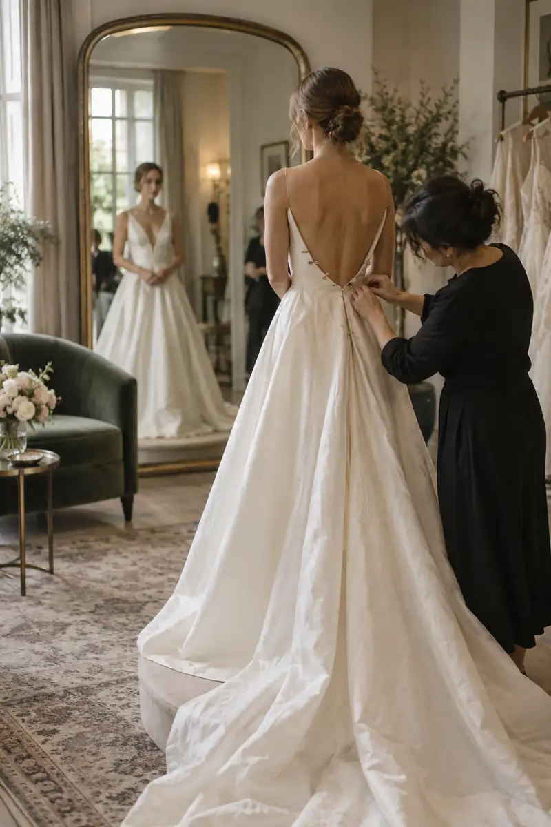Una futura novia, de espaldas sobre la tarima de pruebas, mientras una costurera le prende con alfileres la espalda de un vestido marfil