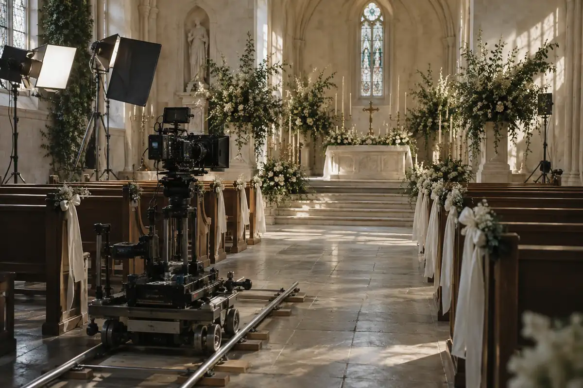 Una capilla vacía iluminada como un set de filmación: filas de bancos con lazos blancos, una gran cámara de cine sobre un dolly en el pasillo y luces de estudio
