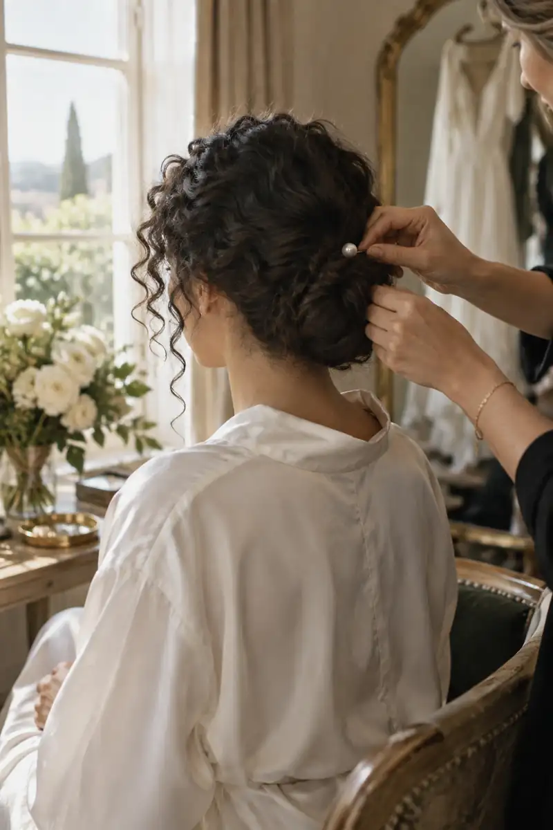 Una novia de pelo oscuro y rizado mientras le terminan un moño bajo con una sola horquilla de perla, bajo la luz de la mañana que entra por la ventana