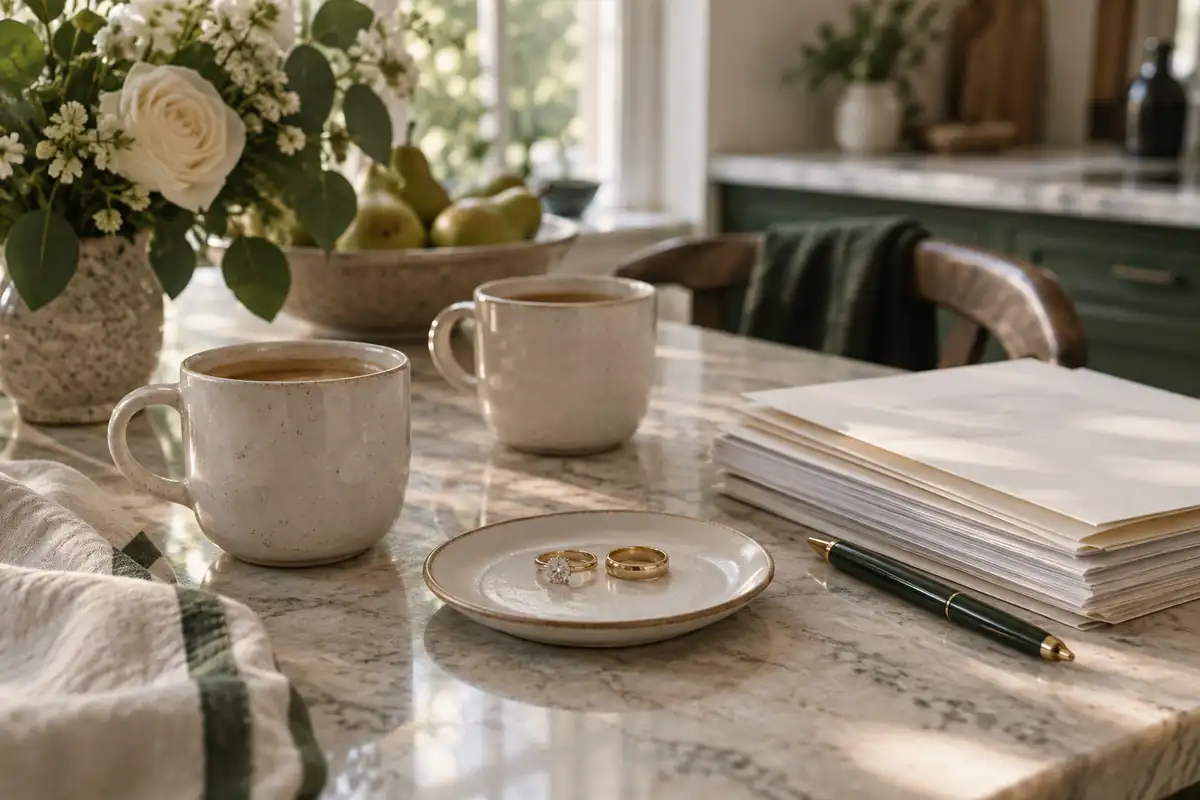 Dos tazas de café en una mesa de cocina junto a un montoncito ordenado de papeles, un bolígrafo y dos anillos de compromiso sobre un platito, con luz suave de mañana