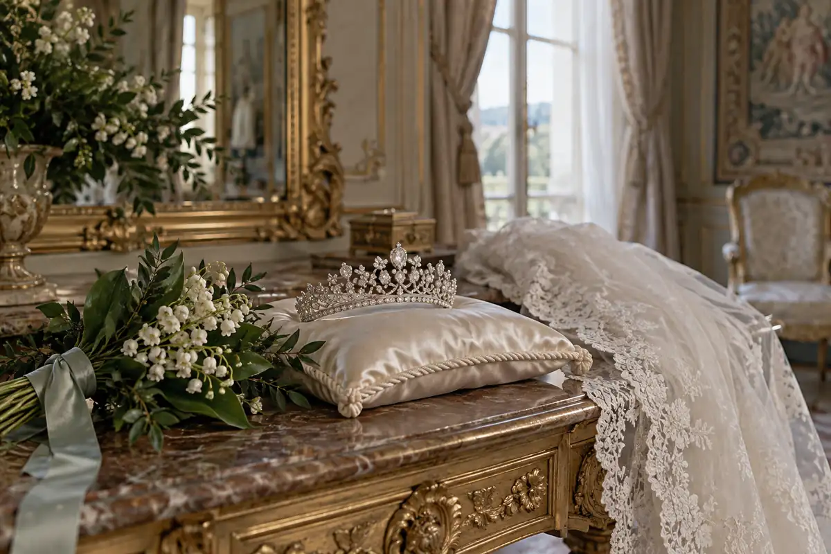 Una tiara de diamantes sobre un cojín de raso marfil junto a un velo de encaje largo catedral doblado y un pequeño ramo de lirios del valle y mirto, sobre una mesa antigua en un salón de palacio con espejo dorado y suave luz de ventana