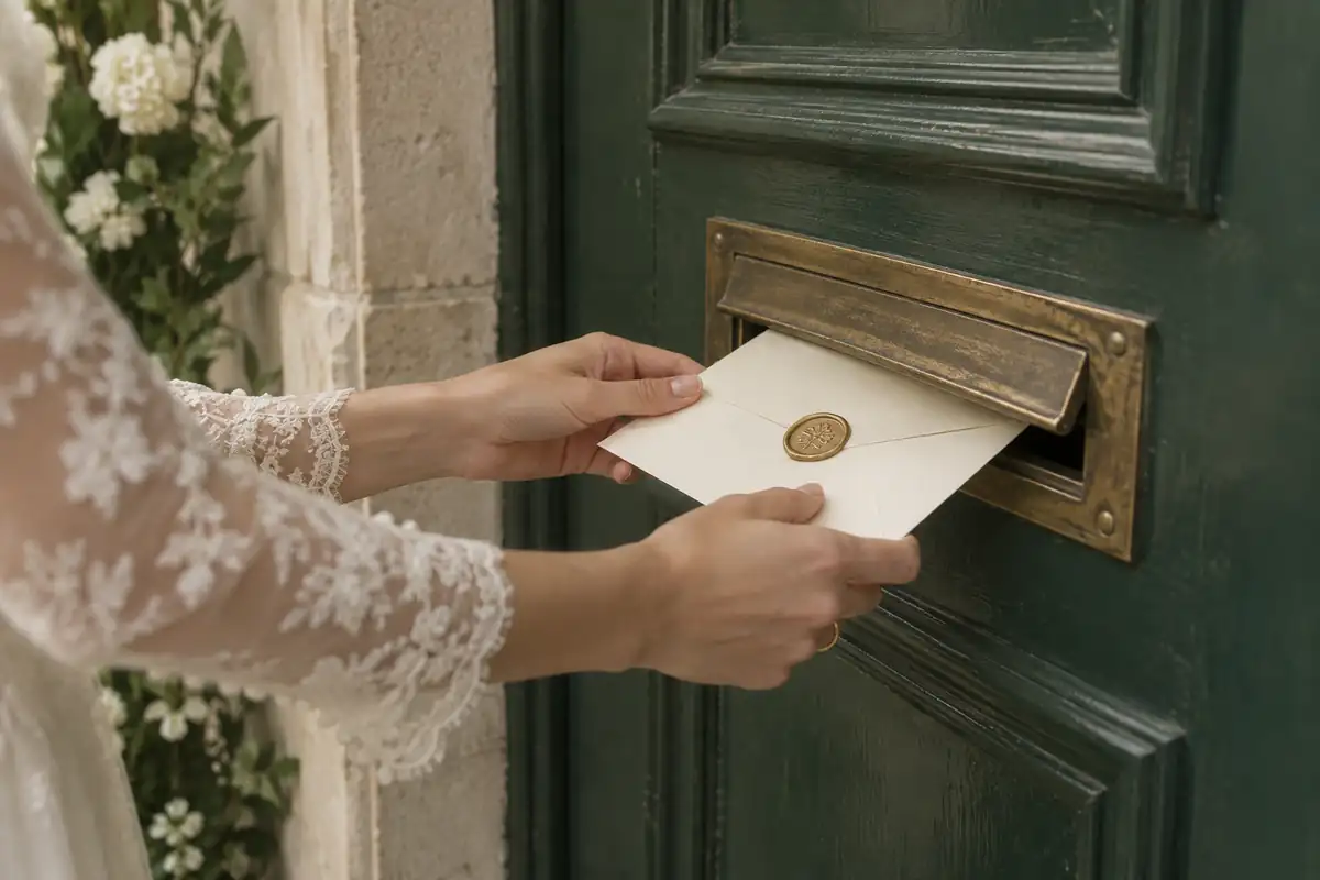 Una mano echa en un buzón de bronce un sobre de invitación de boda color crema cerrado con un sello de lacre