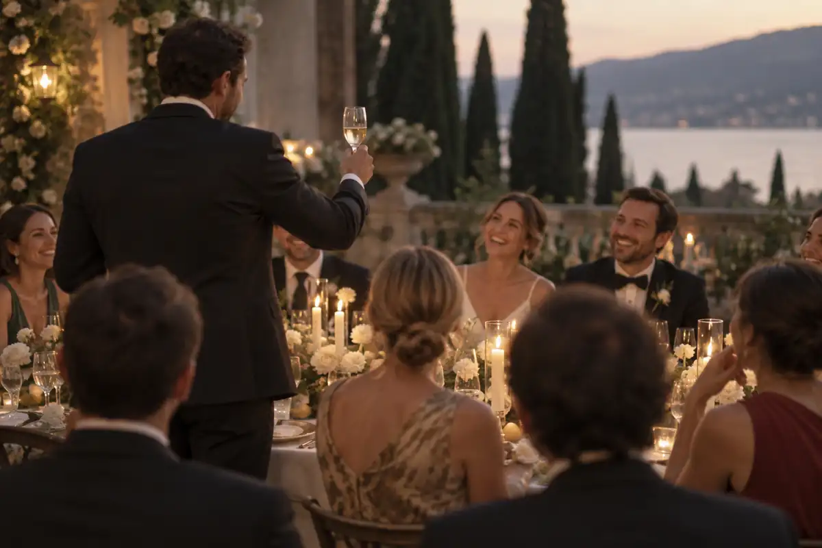 Un best man alza su copa en pleno brindis durante una cena de boda a la luz de las velas, mientras los invitados se ríen