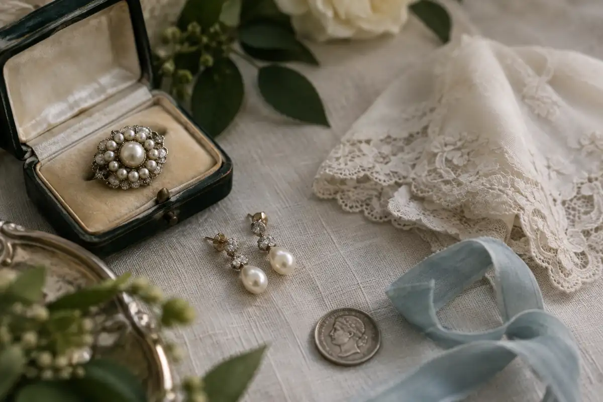 Un broche antiguo de perlas, un pañuelo de encaje, una cinta azul pálido y una moneda de seis peniques de plata sobre lino