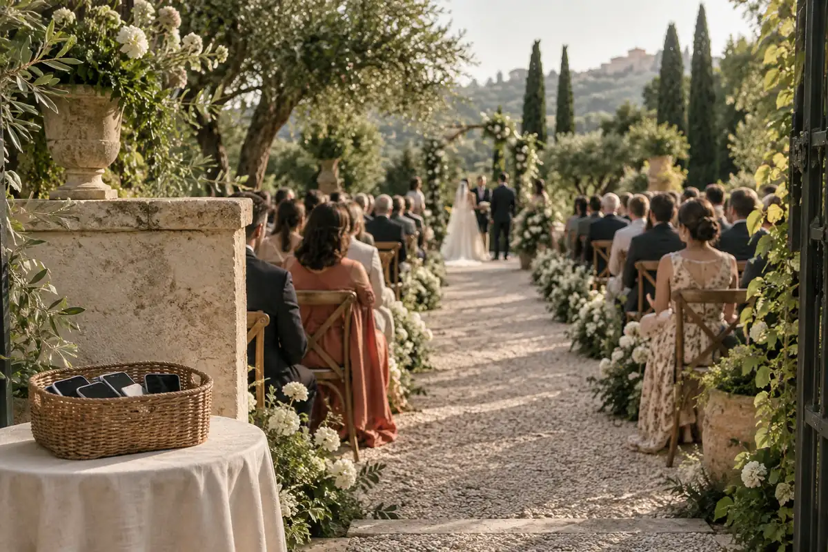 Invitados de boda sentados en una ceremonia en un jardín, mirando atentos hacia el pasillo, sin celulares en la mano; en primer plano, una cestita con teléfonos sobre una mesa junto a la entrada