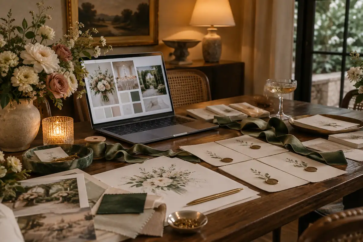 Una laptop abierta sobre una mesa cubierta de materiales de planificación de boda (tarjetas del plano de mesas, muestras de cinta, un boceto floral), con luz cálida de lámpara y la pantalla encendida (sin texto legible)
