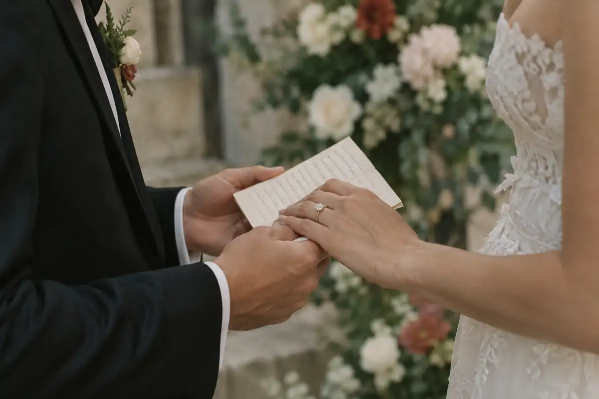 Dos manos en una ceremonia de boda; una sostiene una tarjetita con votos escritos a mano