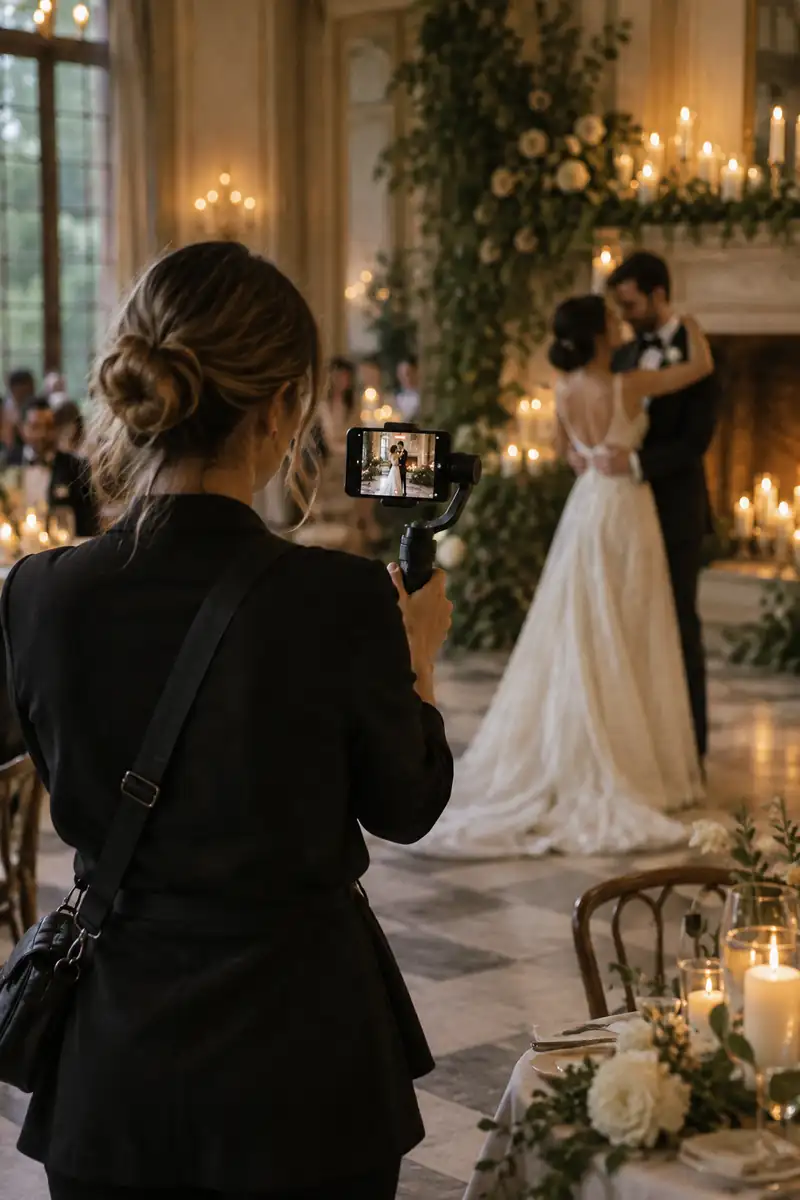 Una creadora de contenido de bodas vista de espaldas, con un celular en un pequeño estabilizador, grabando el primer baile de una pareja en un salón iluminado con velas; la pareja aparece desenfocada al fondo
