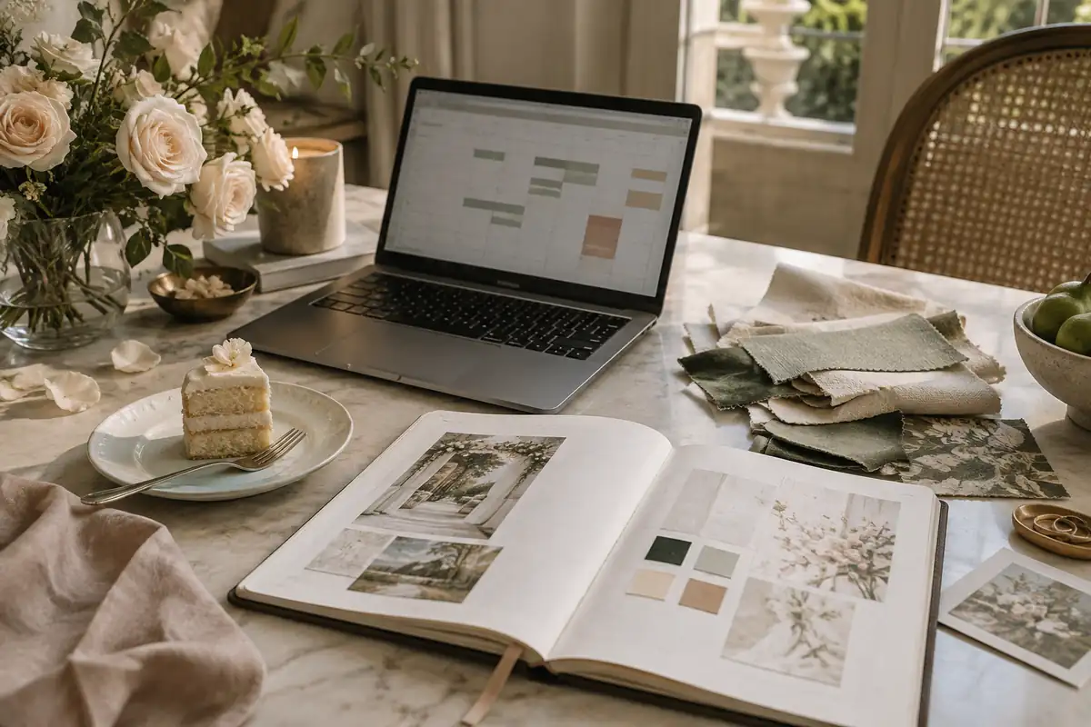 Un escritorio de planificación de boda: una agenda abierta, una laptop con una hoja de cálculo (sin texto legible), muestras de tela, un pedacito de bizcocho de prueba en un plato y unas rosas pálidas