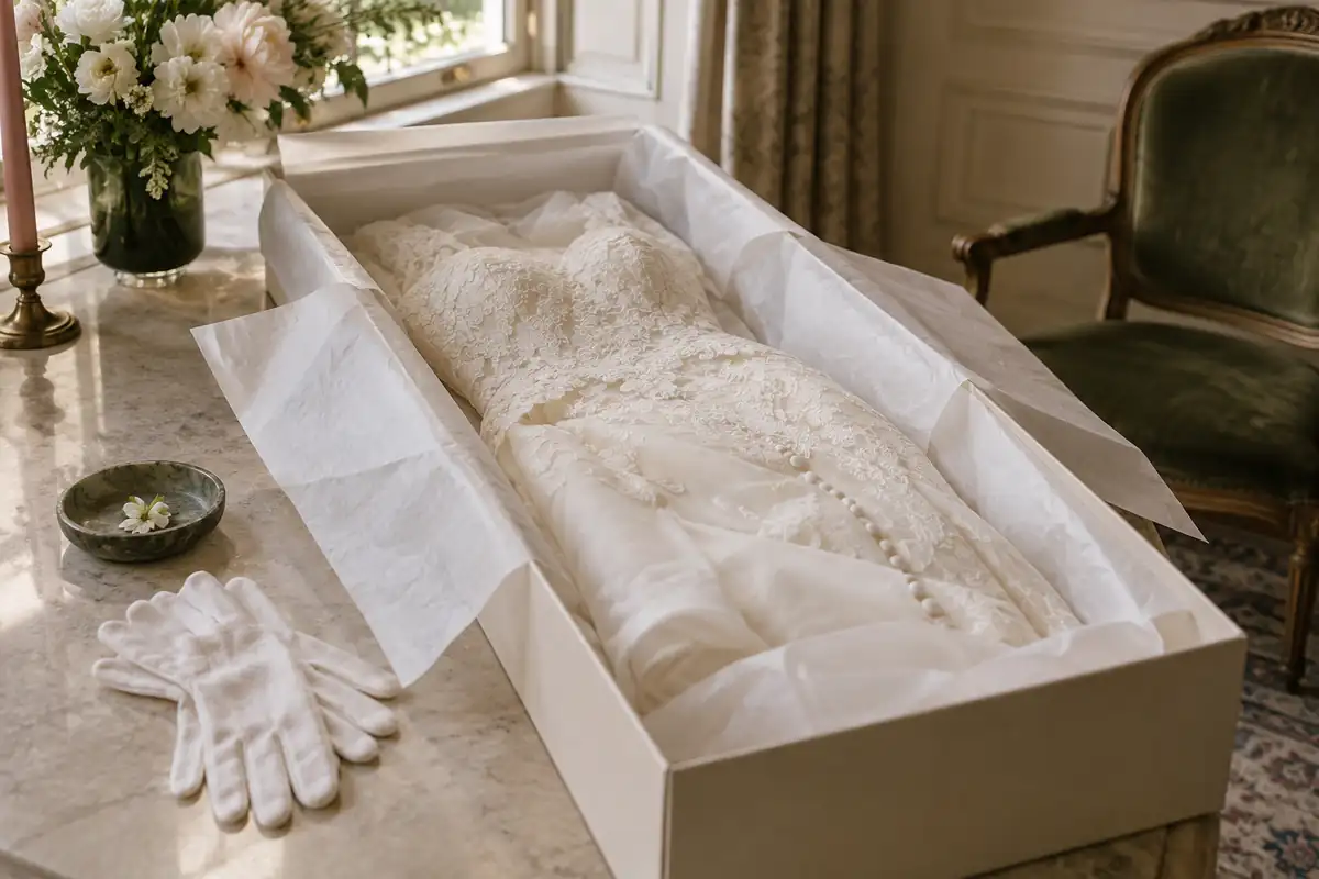 Un vestido de novia doblado con cuidado entre papel de seda libre de ácido dentro de una caja de archivo alargada sobre una mesa, con unos guantes blancos de algodón al lado