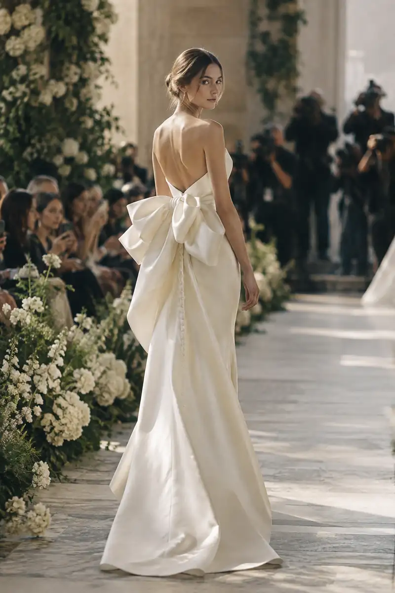Una modelo desfila en una pasarela nupcial con un vestido marfil escultural, un gran lazo en la espalda y falda columna larga; al fondo, los fotógrafos desenfocados bajo una luz blanca suave