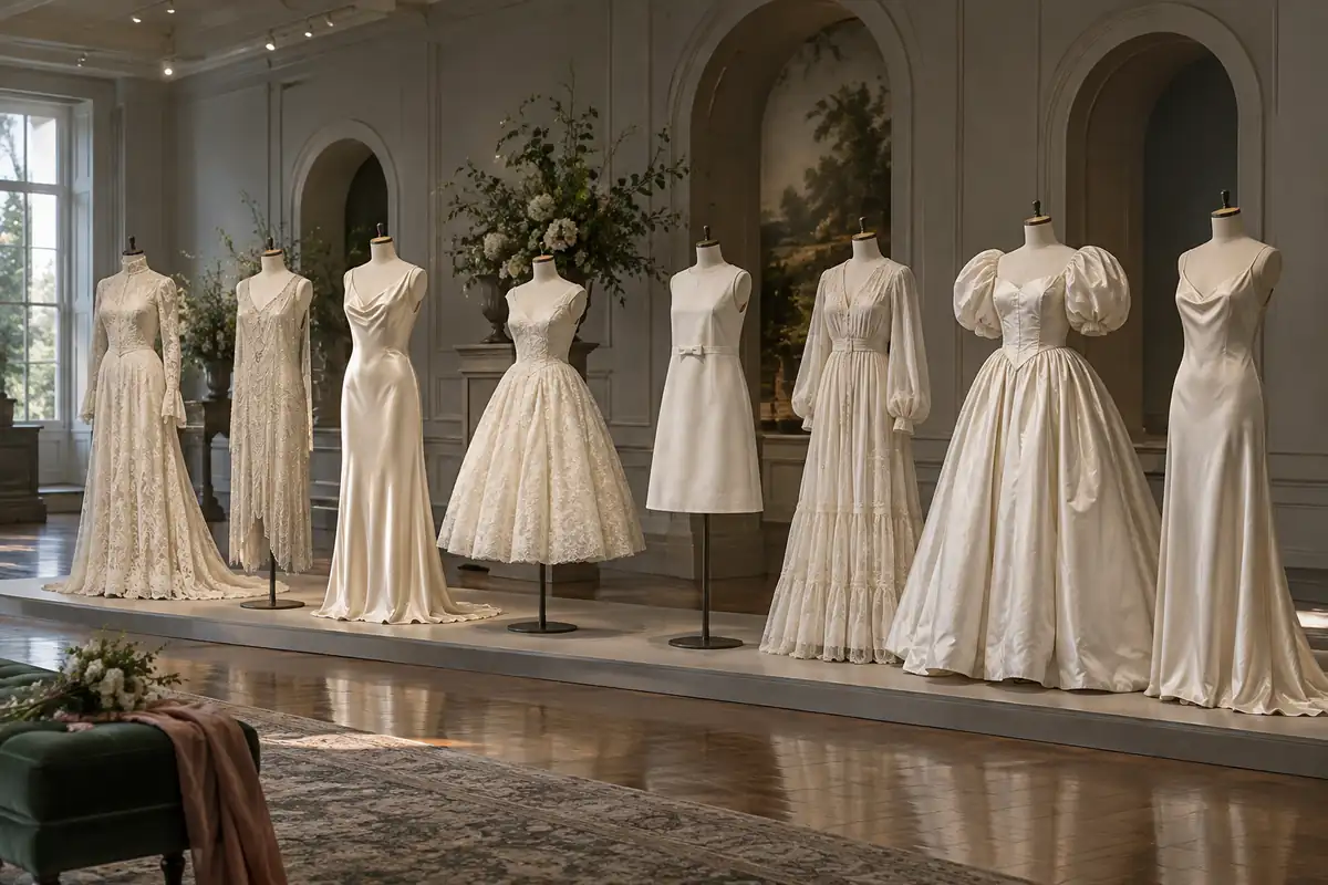Una sala de museo con vestidos de novia en maniquíes ordenados por década, del encaje eduardiano a un slip de los años noventa (ilustración)