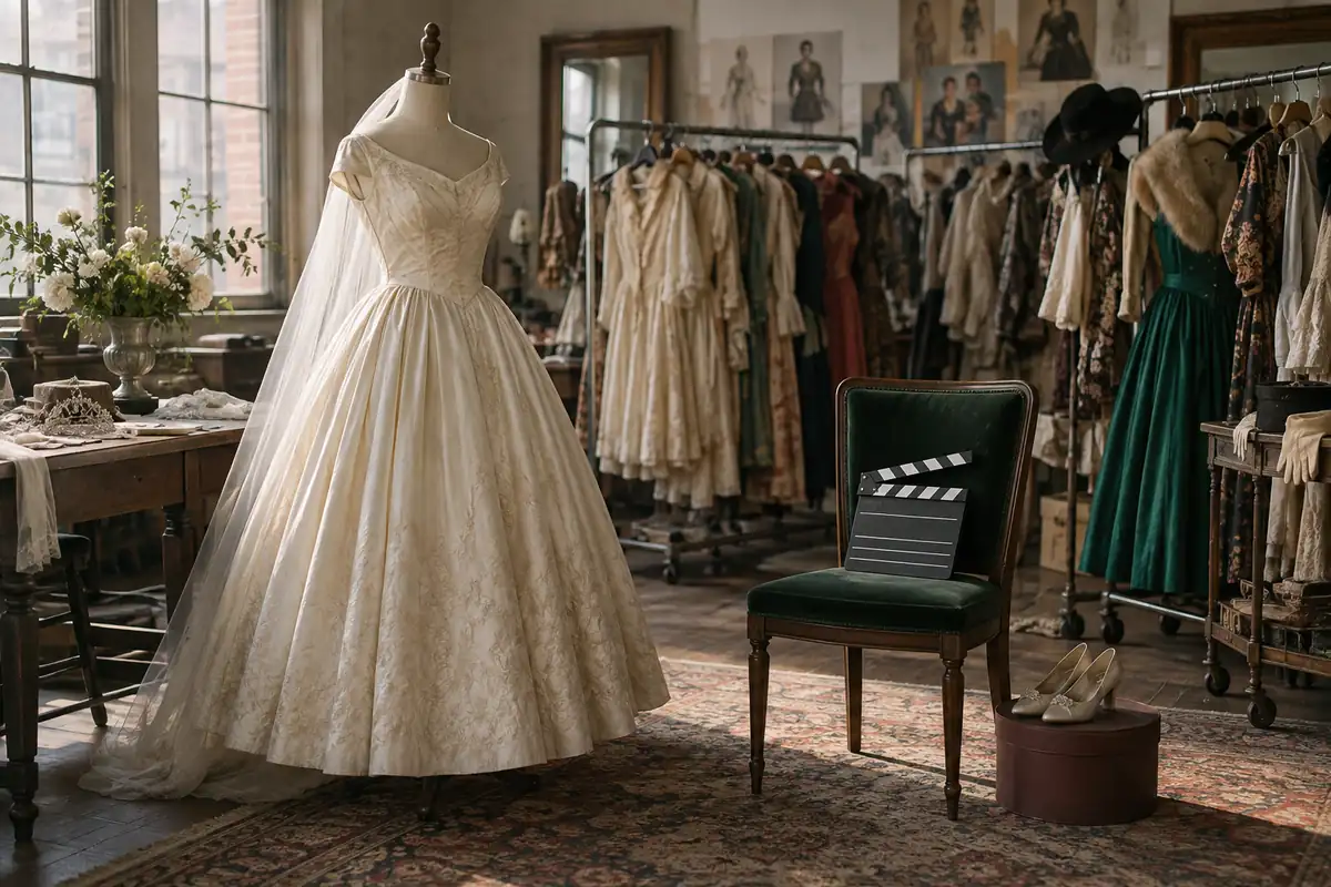 Un antiguo departamento de vestuario de cine: un vestido de novia marfil de los años cincuenta sobre un maniquí junto a percheros con ruedas llenos de trajes de época, y una claqueta sin nada escrito sobre una silla
