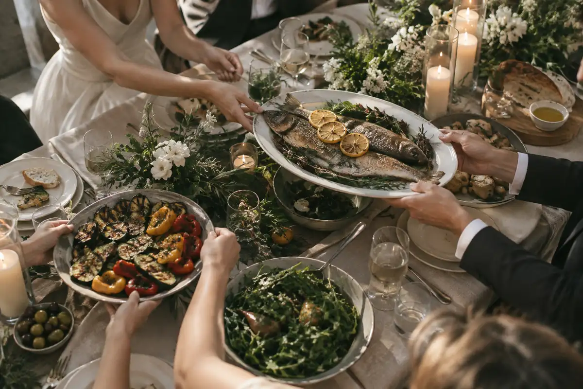 Invitados pasándose fuentes de pescado asado, vegetales a la parrilla y pan en una mesa de boda iluminada con velas, al estilo familiar