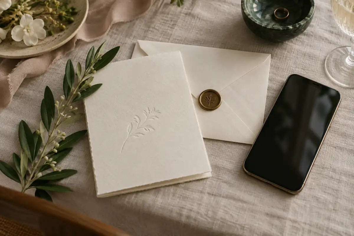 Una invitación de boda impresa en letterpress con su sobre junto a un celular sobre un mantel de lino, una ramita verde y un sello de lacre