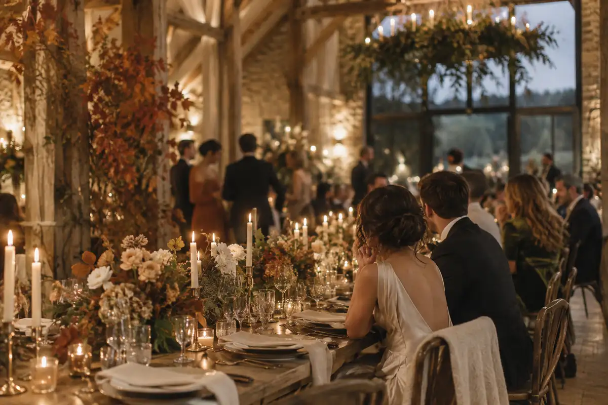 Una recepción de boda de otoño en un granero restaurado, una noche entre semana: mesas largas, hojas ámbar, luz de velas y algunos invitados desenfocados
