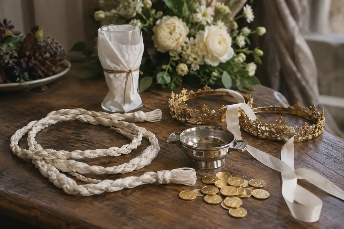 Costumbres nupciales de varias culturas sobre una mesa de madera: una copa envuelta, un lazo de seda, un quaich de plata, coronas de boda y trece monedas de oro